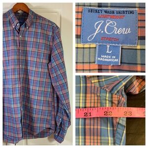 J. Crew Mens L Slim Secret Wash Lightweight Stretch Plaid Button Down Shirt‎